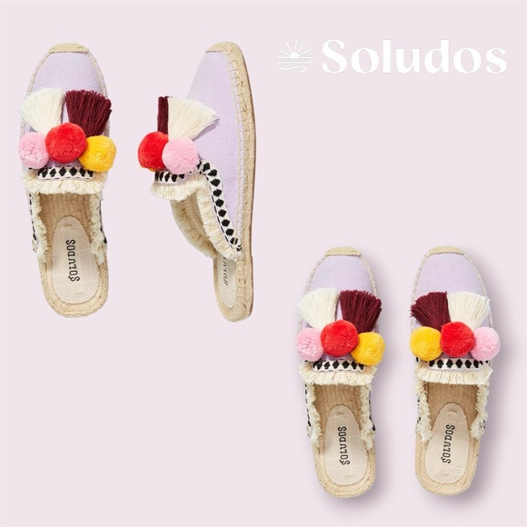 Soludos Frayed Edge Pom Pom Mules | Coco Espadrille Slides - Picture 2 of 6